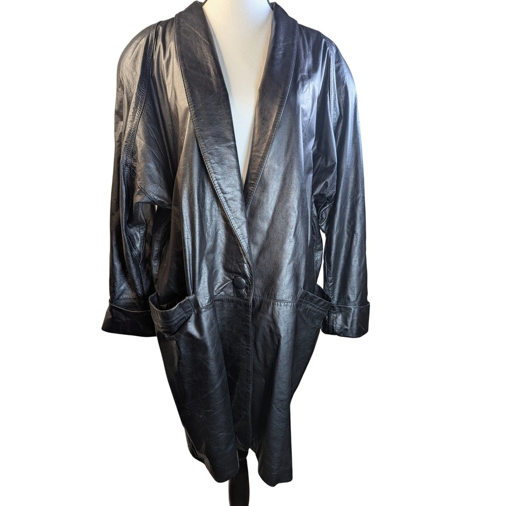 Vintage IZZI Womens Black Leather Long Blazer Coat Button Front Size M 80's/90's